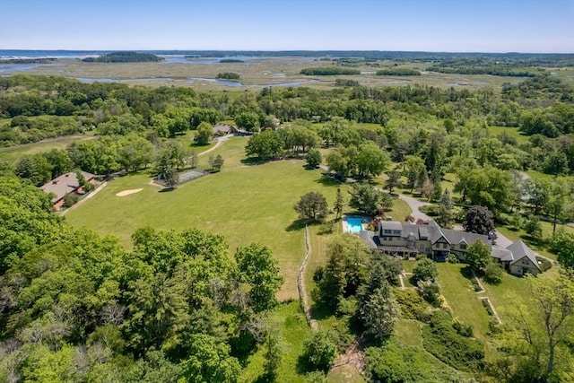 aerial view featuring a water view and a view of trees