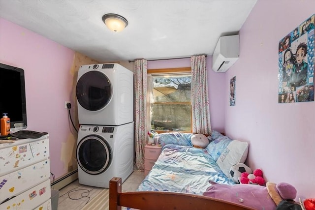 laundry area with a baseboard radiator, a wall mounted air conditioner, and stacked washer / drying machine