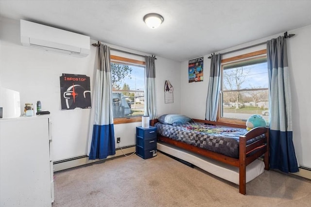 carpeted bedroom with a baseboard radiator and a wall mounted air conditioner