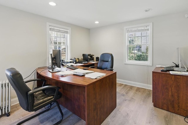 home office with wood finished floors, baseboards, and recessed lighting