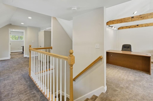 hallway featuring carpet flooring, an upstairs landing, baseboards, lofted ceiling, and recessed lighting