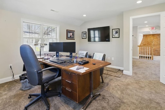 office with baseboards, recessed lighting, visible vents, and carpet floors