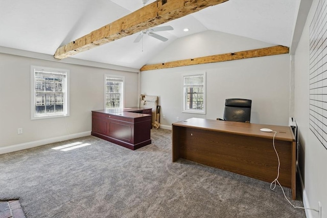 carpeted office featuring baseboards, a healthy amount of sunlight, ceiling fan, and vaulted ceiling with beams