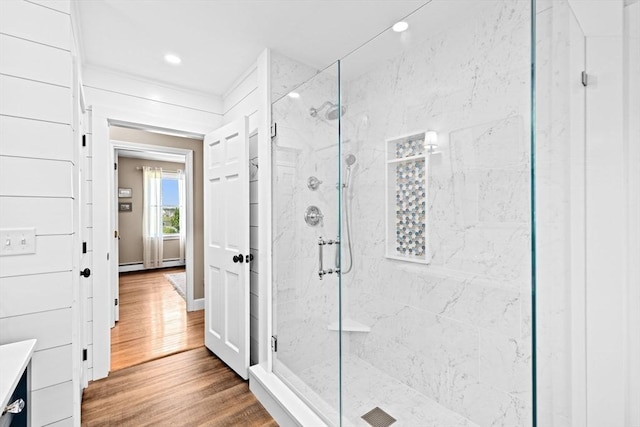 5 Cliff Estates Rd, Scituate, MA 02066 - full bath featuring a marble finish shower, wood finished floors, vanity, and recessed lighting