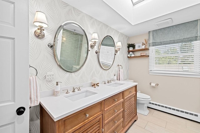 5 Cliff Estates Rd, Scituate, MA 02066 - bathroom featuring a baseboard heating unit, double vanity, wallpapered walls, tiled shower, and a skylight