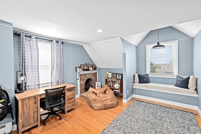 5 Cliff Estates Rd, Scituate, MA 02066 - office space featuring light wood-style floors, lofted ceiling, a fireplace, a baseboard heating unit, and recessed lighting