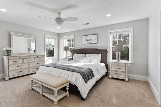 bedroom featuring light carpet, baseboards, visible vents, ceiling fan, and recessed lighting