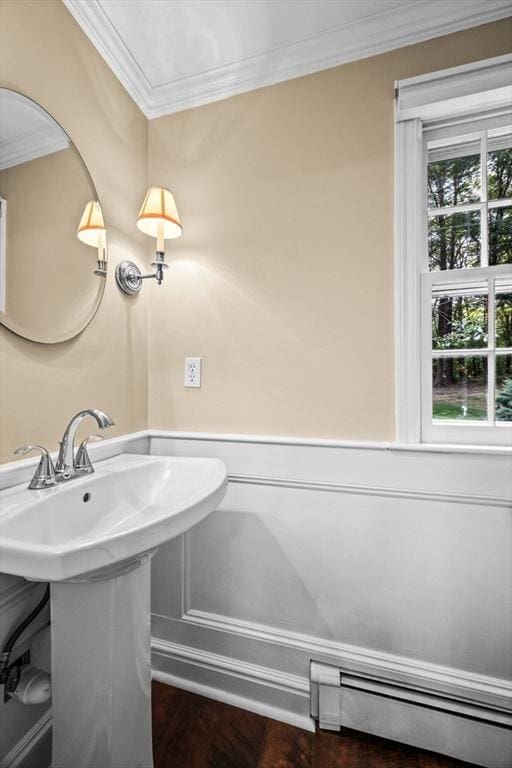 10 High Ridge Rd, Boxford, MA 01921 - bathroom featuring a baseboard heating unit, ornamental molding, and wood finished floors