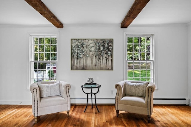 10 High Ridge Rd, Boxford, MA 01921 - sitting room featuring a baseboard radiator, wood finished floors, beamed ceiling, and plenty of natural light