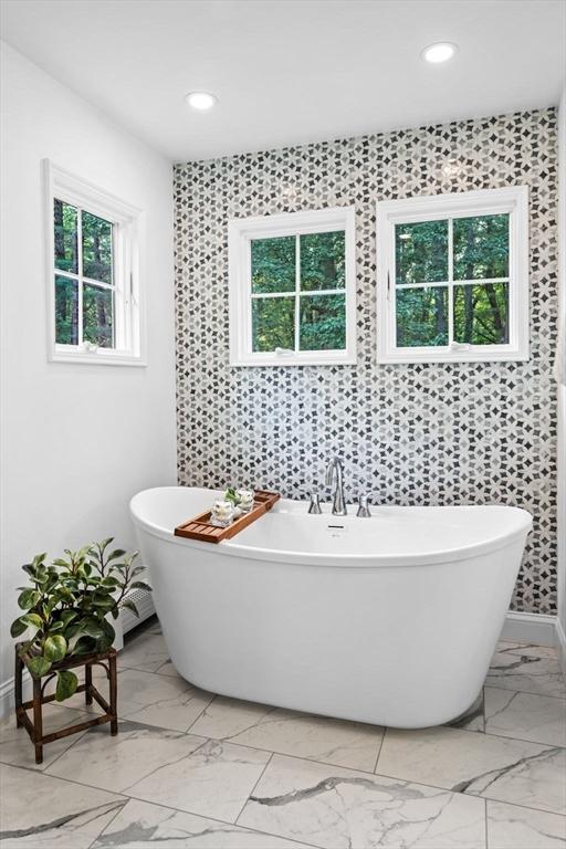 10 High Ridge Rd, Boxford, MA 01921 - full bath with marble finish flooring, a freestanding tub, and recessed lighting