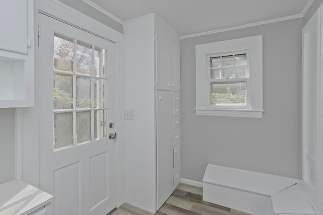 doorway to outside featuring light hardwood / wood-style flooring and ornamental molding