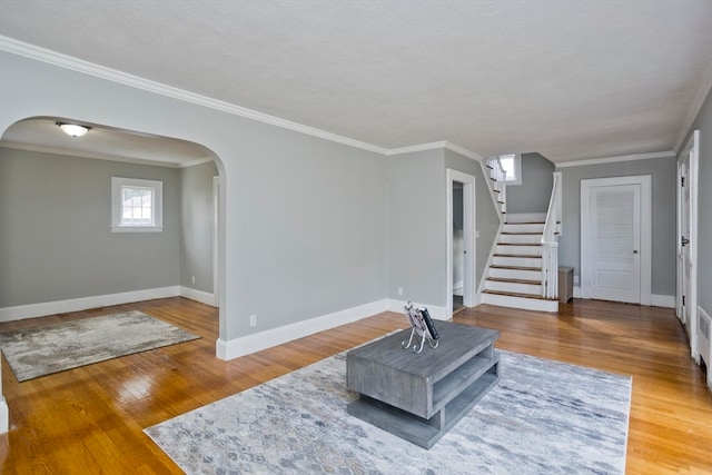 living area with wood-type flooring and crown molding