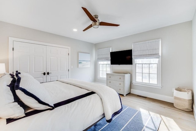 7 Colonial Dr, Chatham, MA 02633 - bedroom with light wood-type flooring, baseboards, a closet, a ceiling fan, and recessed lighting