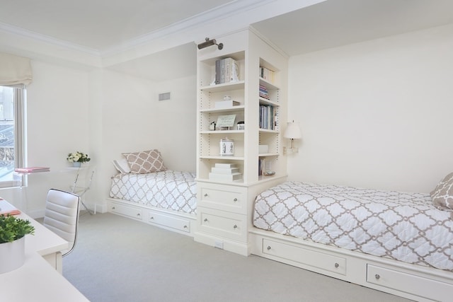 bedroom featuring light carpet and crown molding