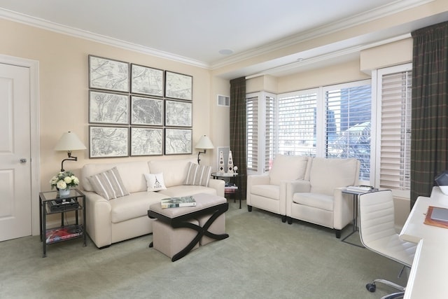 living room featuring light colored carpet and ornamental molding