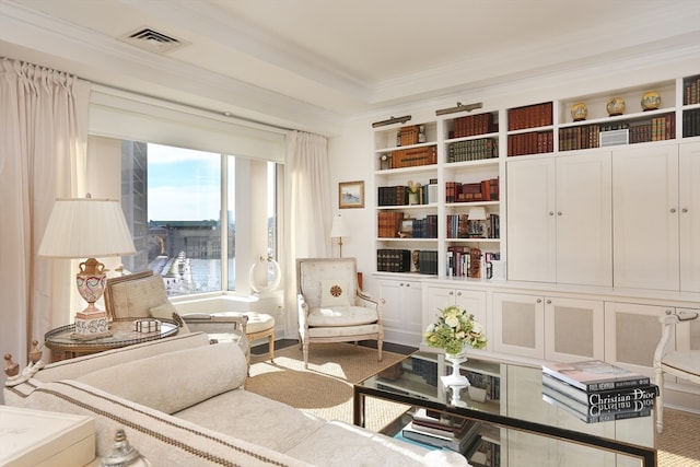 interior space featuring carpet floors and ornamental molding