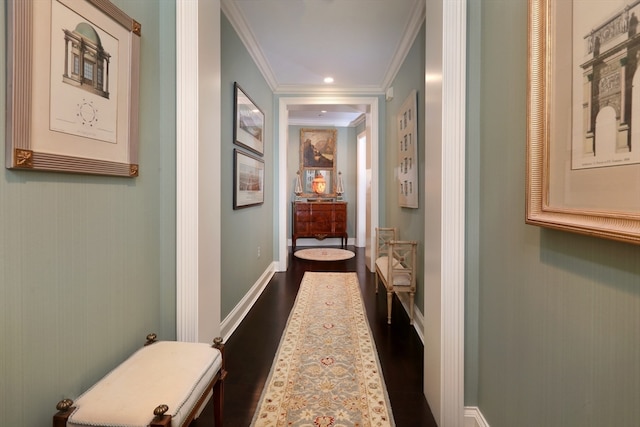 corridor with crown molding and dark wood-type flooring