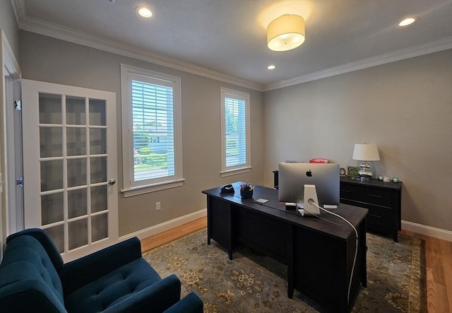 38 John Perkins Way, Middleboro, MA 02346 - office area with wood finished floors, baseboards, ornamental molding, and recessed lighting