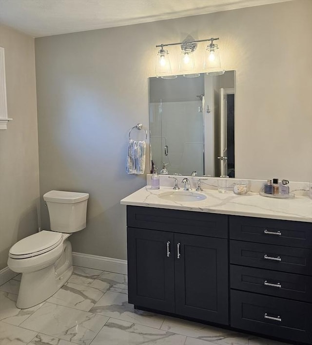 38 John Perkins Way, Middleboro, MA 02346 - bathroom featuring marble finish floors, vanity, toilet, a shower with door, and baseboards