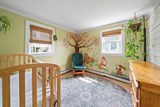22 Mcarthur Ln, Marshfield, MA 02050 - bedroom featuring ornamental molding, a baseboard heating unit, and wood finished floors