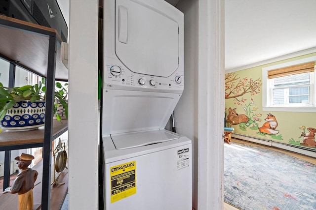 22 Mcarthur Ln, Marshfield, MA 02050 - laundry area featuring estacked washer and dryer and a baseboard radiator