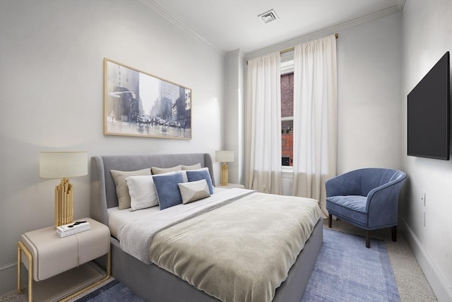 bedroom with carpet flooring and crown molding