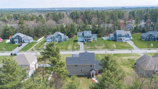 birds eye view of property with a residential view and a view of trees