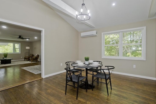24 Old Jarvis Ave, Holyoke, MA 01040 - dining room featuring a wall mounted air conditioner, lofted ceiling, dark wood-type flooring, baseboards, and a chandelier