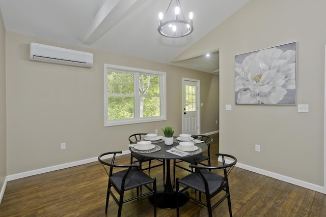 24 Old Jarvis Ave, Holyoke, MA 01040 - dining area featuring a wall mounted air conditioner, lofted ceiling, baseboards, dark wood finished floors, and a chandelier