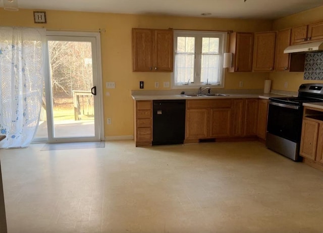 kitchen with stainless steel electric stove, black dishwasher, and sink