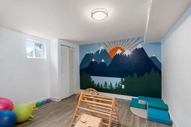 recreation room with baseboards and wood finished floors