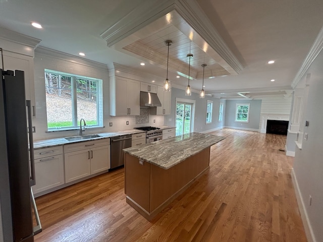 kitchen featuring white cabinets, a kitchen island, a wealth of natural light, sink, and stainless steel appliances