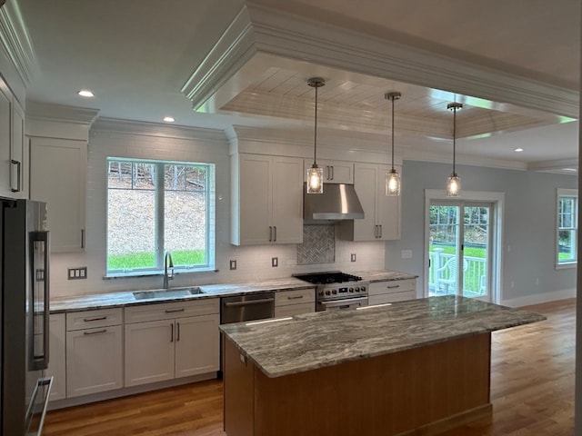 kitchen featuring a center island, stainless steel appliances, pendant lighting, and range hood