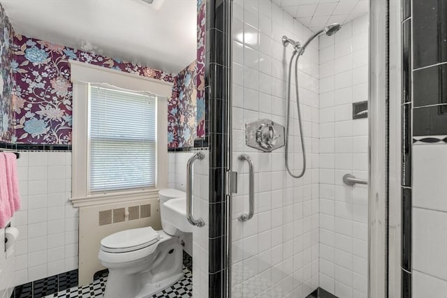 22 Adams Ave, Watertown, MA 02472 - full bathroom with a wainscoted wall, a shower stall, wallpapered walls, and tile walls