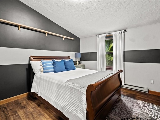 bedroom with lofted ceiling, baseboard heating, a textured ceiling, and dark hardwood / wood-style floors