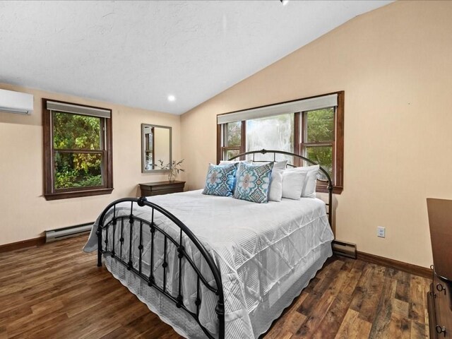 bedroom with lofted ceiling, a wall unit AC, a baseboard radiator, and dark hardwood / wood-style floors