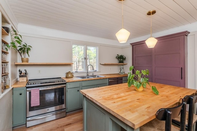 kitchen with open shelves, a sink, wood counters, stainless steel electric range, and green cabinetry