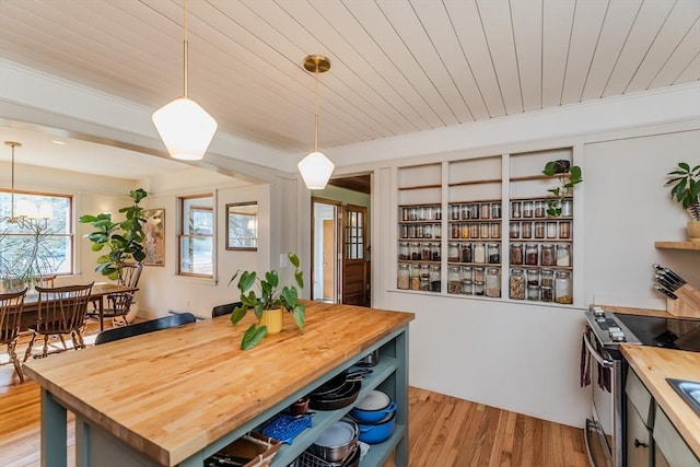 dining room with wooden ceiling, crown molding, and light wood-style flooring
