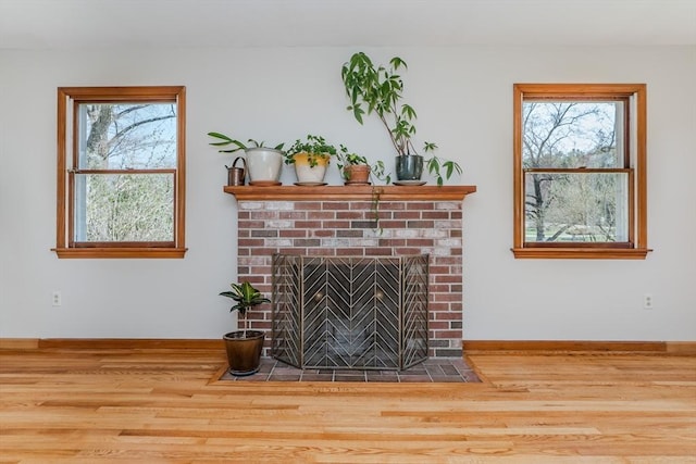details with baseboards, wood finished floors, and a fireplace