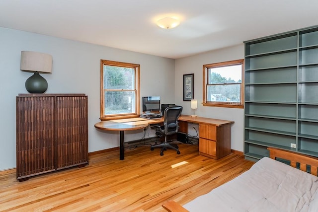 office area featuring baseboards, a healthy amount of sunlight, and light wood finished floors