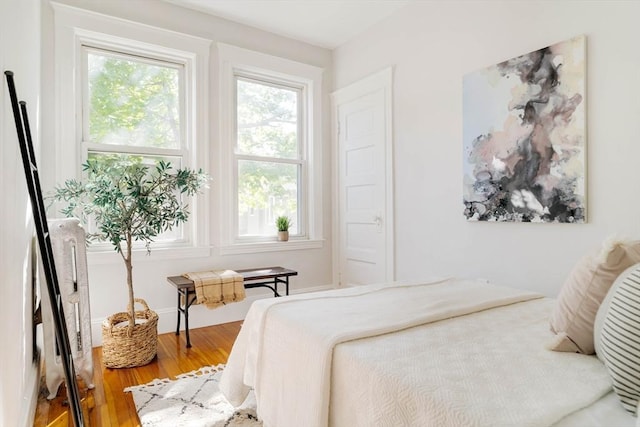 bedroom with wood finished floors and multiple windows
