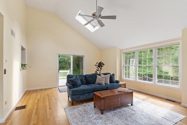 31 Fort Pond Hill Rd, Littleton, MA 01460 - living area featuring light wood-type flooring, high vaulted ceiling, a ceiling fan, and a skylight