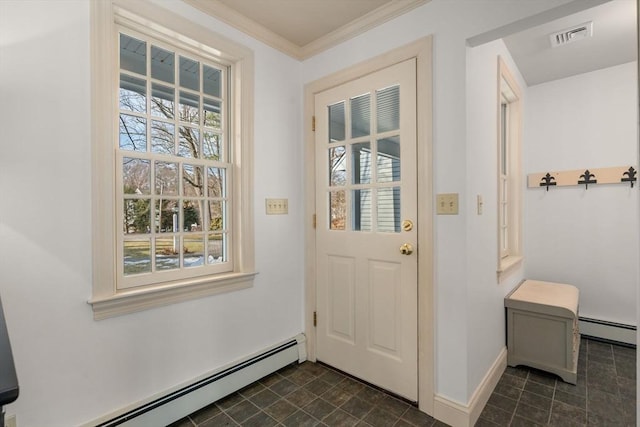 doorway with crown molding, baseboards, visible vents, and baseboard heating