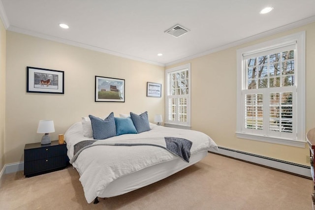 bedroom with crown molding, multiple windows, visible vents, and baseboard heating