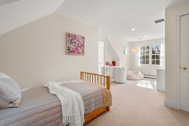 carpeted bedroom with recessed lighting, visible vents, a baseboard heating unit, and vaulted ceiling