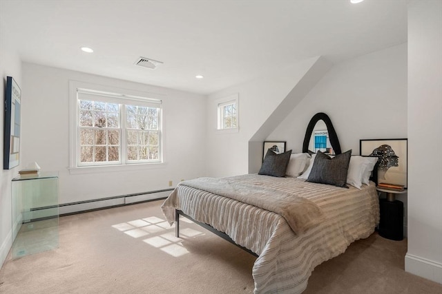 bedroom with recessed lighting, a baseboard heating unit, carpet floors, and visible vents