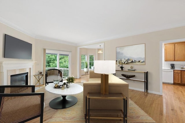 49 Champlain Cir, Plymouth, MA 02360 - living room with ornamental molding, light wood-style flooring, and a glass covered fireplace