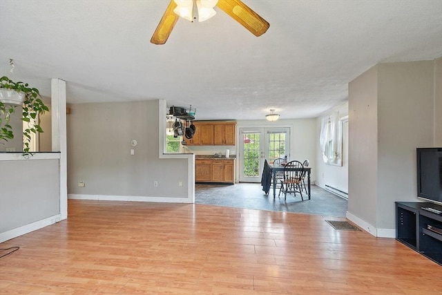 415 Holtshire Rd, Orange, MA 01364 - living area featuring a baseboard radiator, light wood finished floors, a ceiling fan, and baseboards