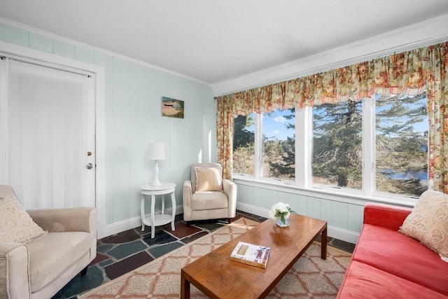 living room with baseboards and ornamental molding