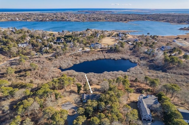 drone / aerial view with a water view and a view of trees